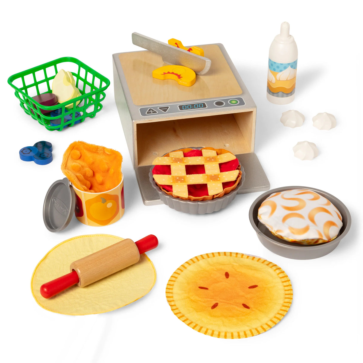 Children’s playset with fabric pies, rolling pin, oven, pie tins, and pretend toppings for creative baking fun
