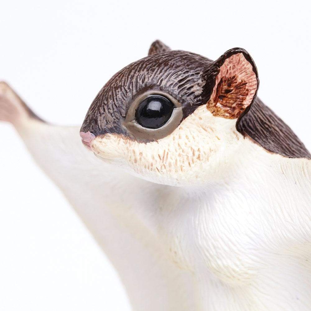 Close-up of the lifelike Flying Squirrel model showing detailed eyes and fur texture in brown and white colors.