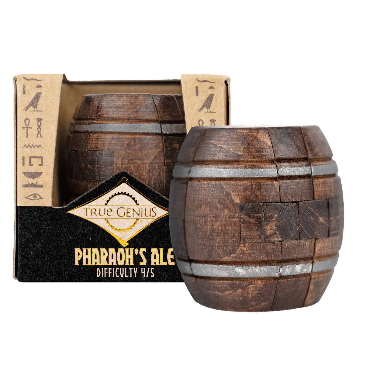 Wooden barrel-shaped mini puzzle by True Genius with challenging interlocking pieces in opened display box.