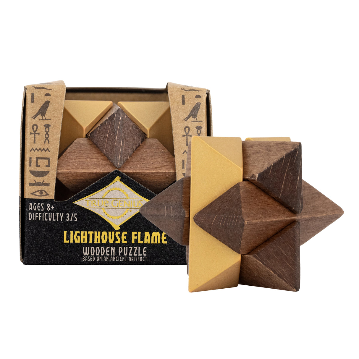 Wooden and metal Lighthouse Flame puzzle from True Genius mini collection with Egyptian-themed packaging for ages 8 and up