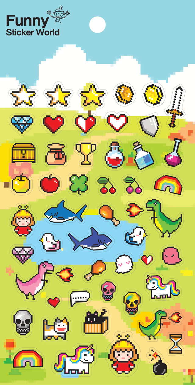 Video Game Party Stickers featuring pixel art characters, items, and symbols for creative decorating and storytelling.