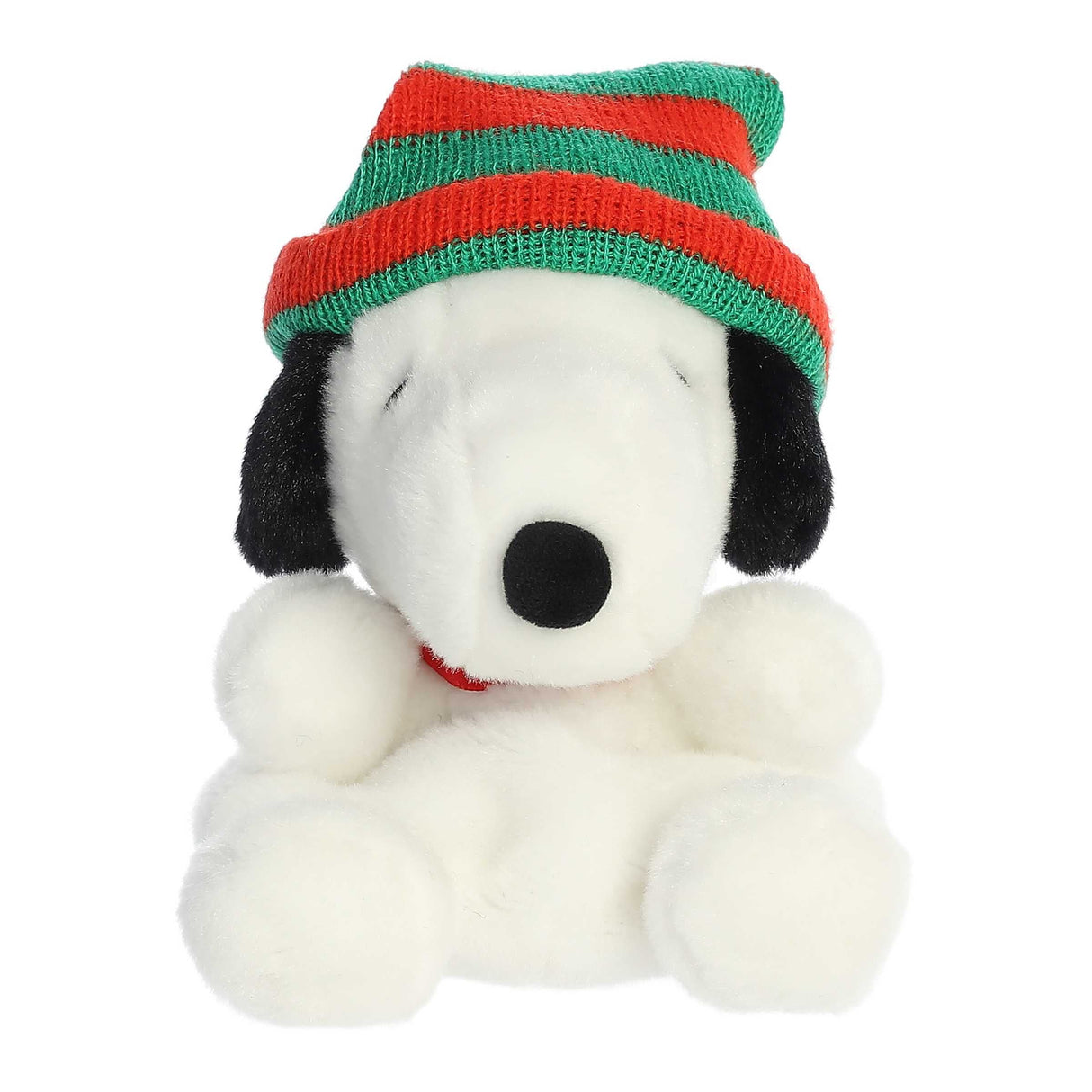 Soft plush Snoopy wearing a red and green striped knitted beanie, perfect for cozy winter fun