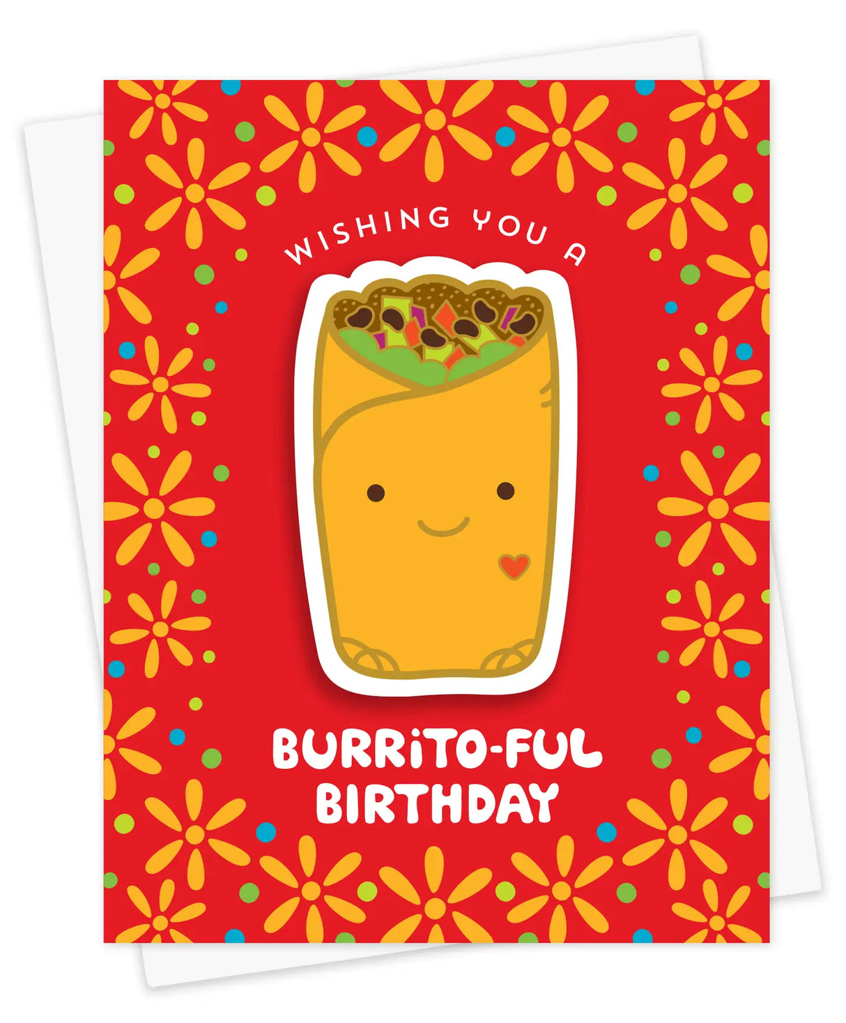Burrito-ful Birthday Sticker Card with smiling burrito sticker on red floral background, fun and festive design.