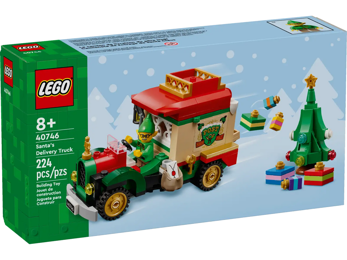 LEGO Santa's Delivery Truck playset with elf driver, Christmas tree, presents, and holiday decorations for imaginative play.