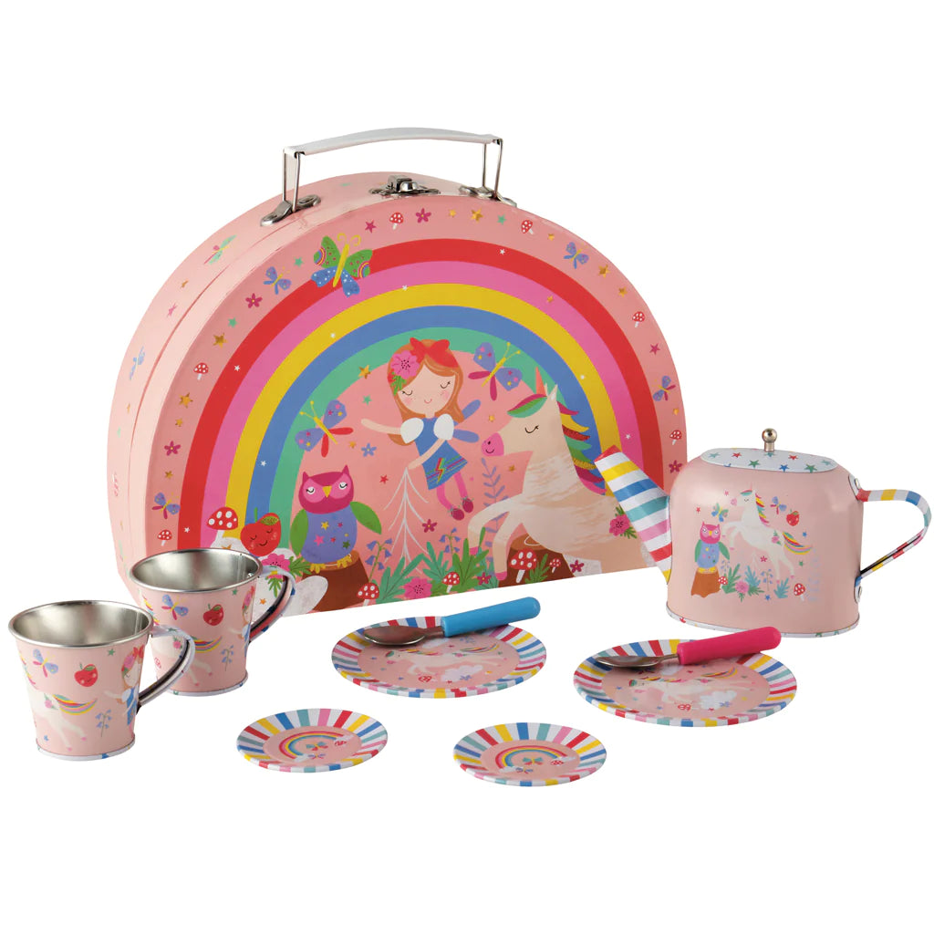Tea Set | Rainbow Fairy with teapot, cups, saucers, plates, and rainbow carry case for kids aged 3 and up.