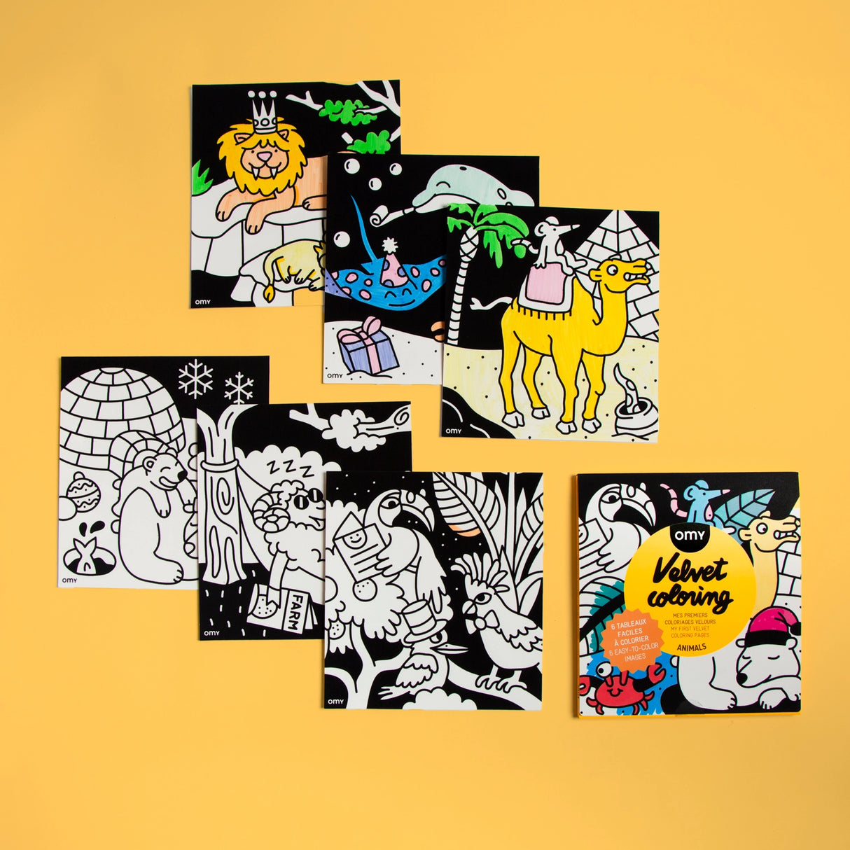 Six velvet coloring sheets featuring animals like lion, dolphin, camel, and birds with bold outlines for kids ages 3 to 7