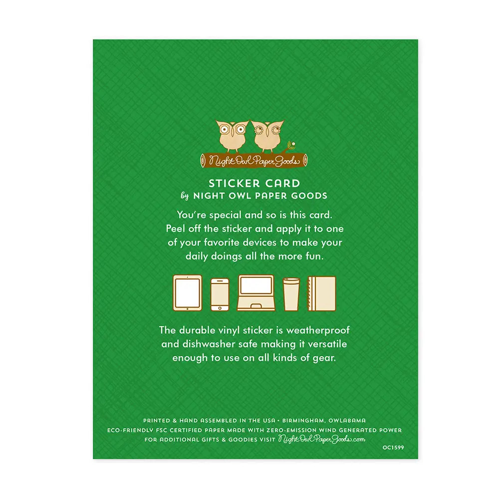 Forest Sloth Birthday Sticker Card showing green back with usage instructions and weatherproof vinyl sticker details.