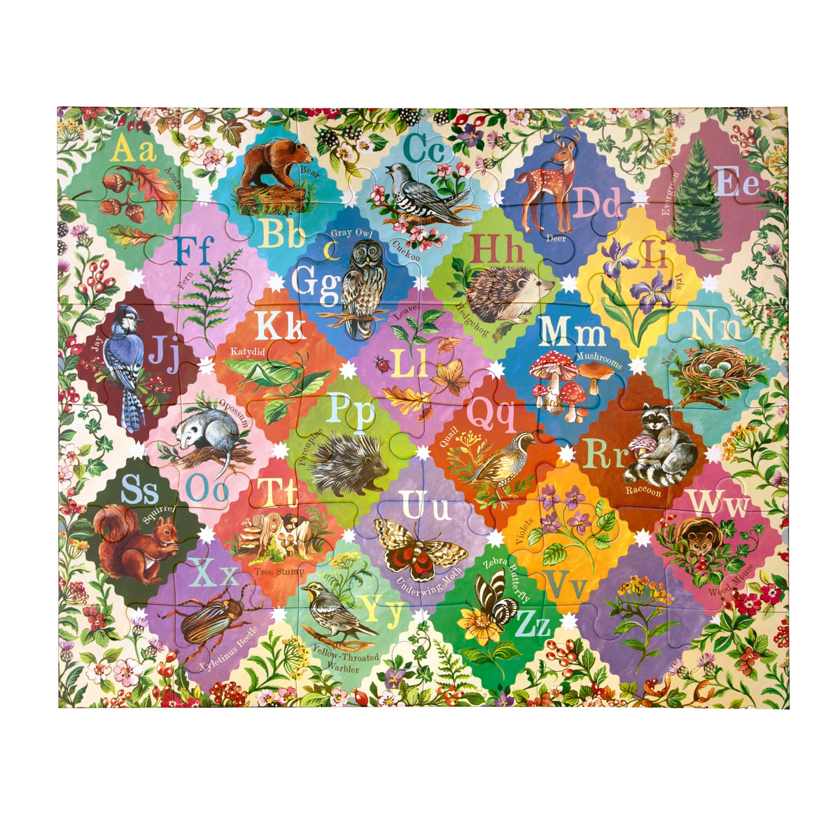 36pc A is for Acorn Giant Puzzle with colorful alphabet letters woodland animals and botanical illustrations