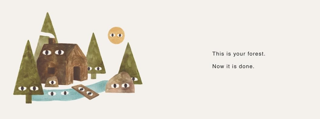 Illustration from Your Forest board book showing a cabin, trees, stream, bridge, and forest ghost at sunset.