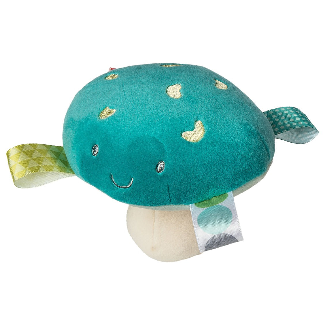 Taggies Fun Guys Mushroom Rattle in teal with embroidered face and sensory ribbons for baby playtime.