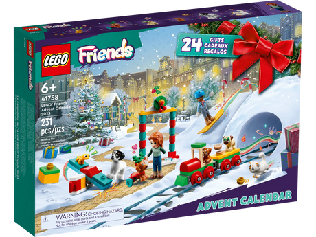LEGO Friends Advent Calendar featuring 24 festive gifts with mini-dolls, pets, and a Christmas train for kids 6+