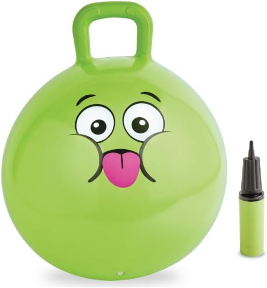 Green My First Hopper Ball with a playful face design and included hand pump for easy inflation.