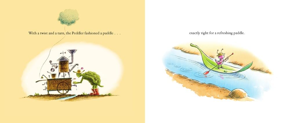 The Peddler of Puddles shows the Peddler creating puddles and a mouse rowing a leaf boat on water.