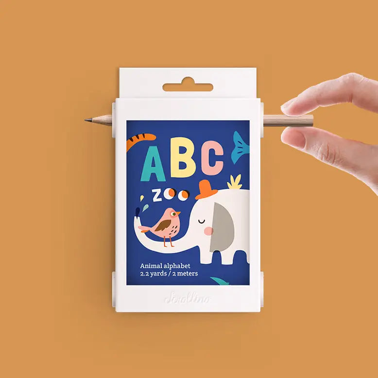 Scrollino ABC Learning Book with animal alphabet design, natural wood pencil, eco-friendly packaging and materials.