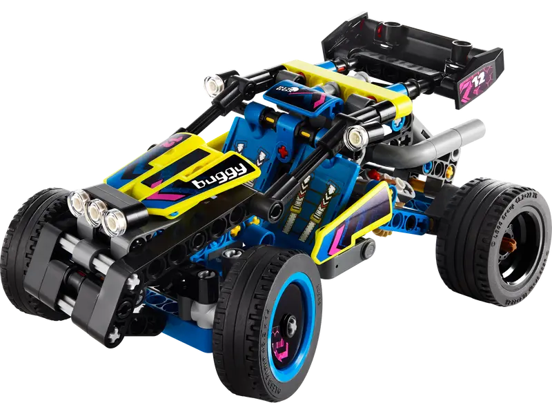Technic Off-Road Race Buggy model featuring detailed rear suspension, 4-cylinder engine, and flex steering in vibrant colors.