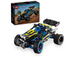 LEGO Technic Off-Road Race Buggy model with blue, yellow, and black parts, featuring rear suspension and flex steering.