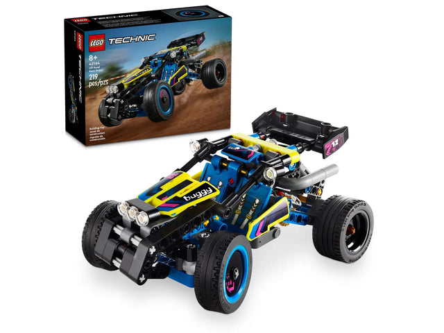 LEGO Technic Off-Road Race Buggy model with blue, yellow, and black parts, featuring rear suspension and flex steering.