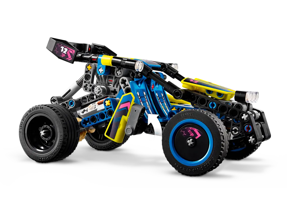 Technic Off-Road Race Buggy model showcasing flexible steering, rear suspension, and detailed 4-cylinder engine in blue and black colors.