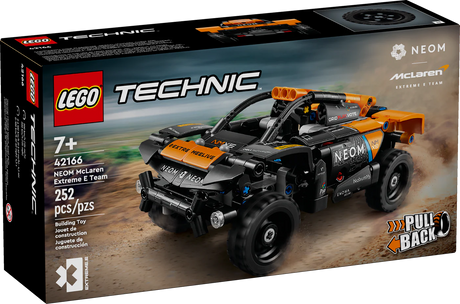 LEGO Technic NEOM McLaren Extreme E Racer model with pull-back action and chunky off-road tires on sandy terrain background