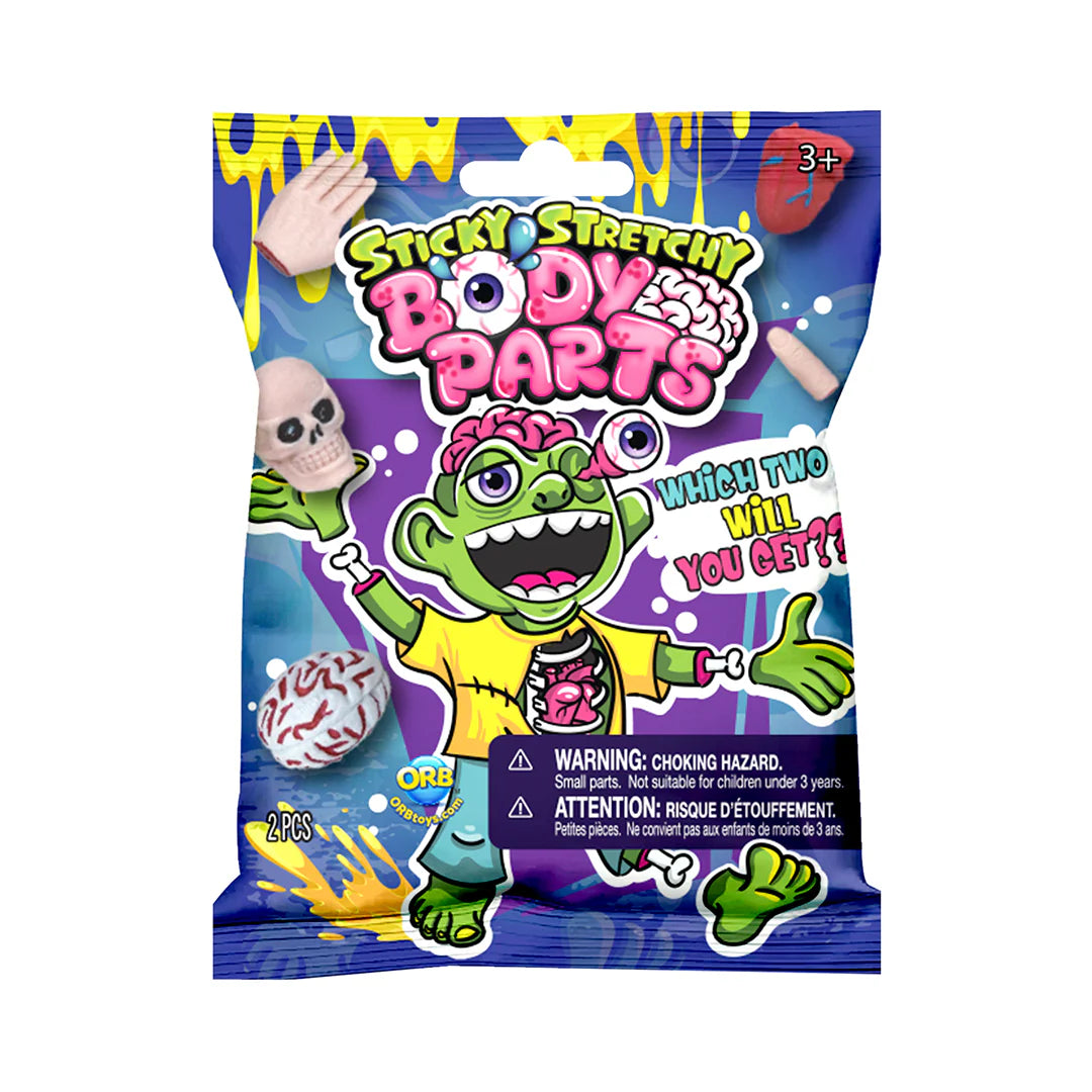 Colorful package of Sticky Stretchy Body Parts blind bag with cartoon zombie and various body part squish toys visible