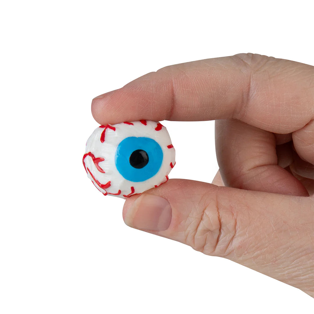 Hand holding a stretchy, squishy eyeball toy from the Sticky Stretchy Body Parts Blind Bag collection