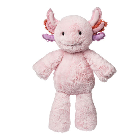 Marshmallow Axolotl plush toy in soft pink fabric with embroidered smile and colorful gills, perfect for cuddling.