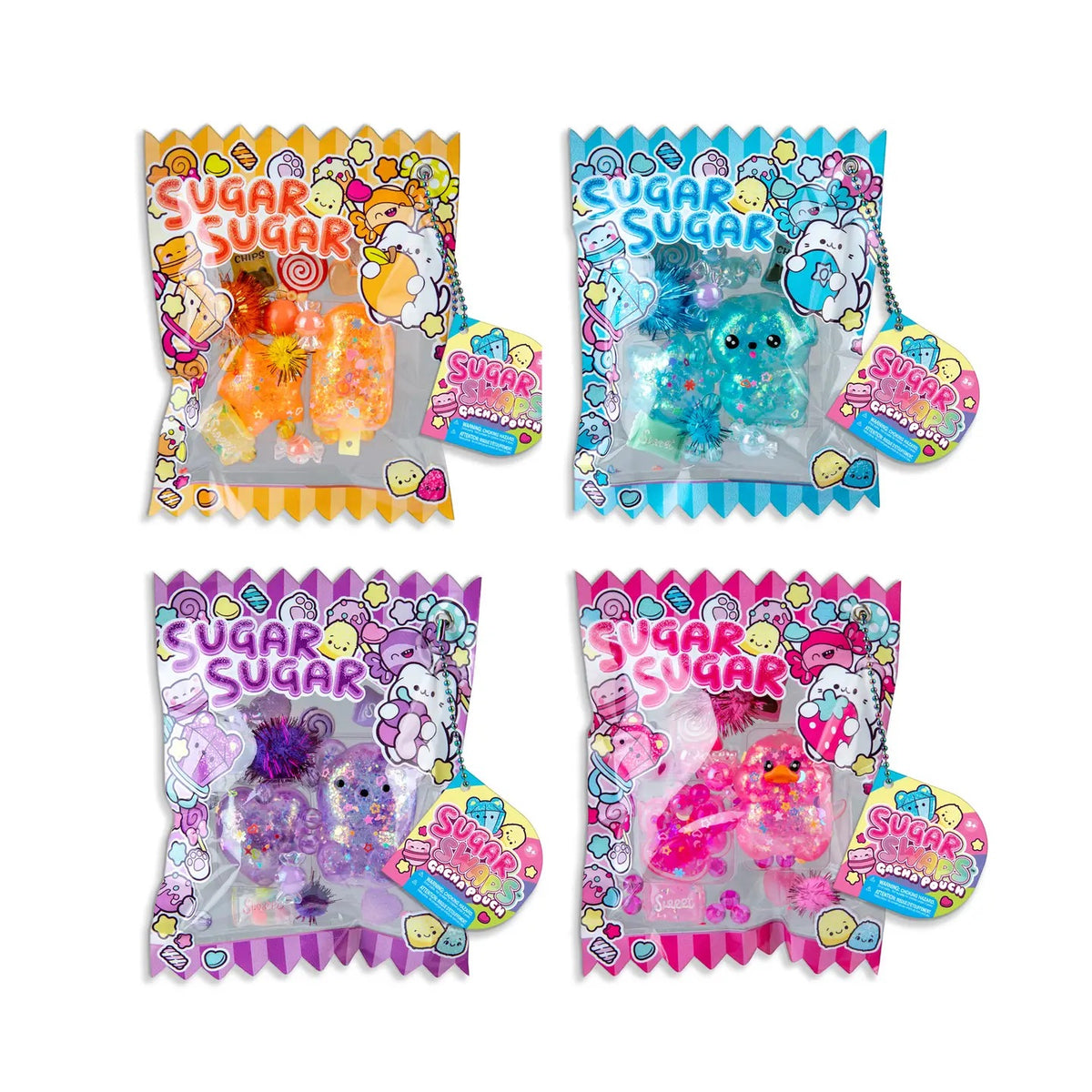 Sugar Swaps Gacha Pouch colorful collectible squishy toys in four vibrant packages