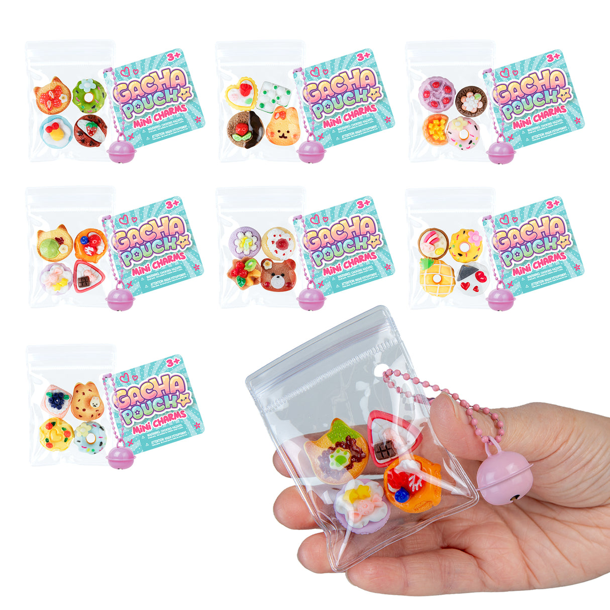 Gacha Pouch Mini Food Charmlets with colorful miniature food charms in clear pouches
