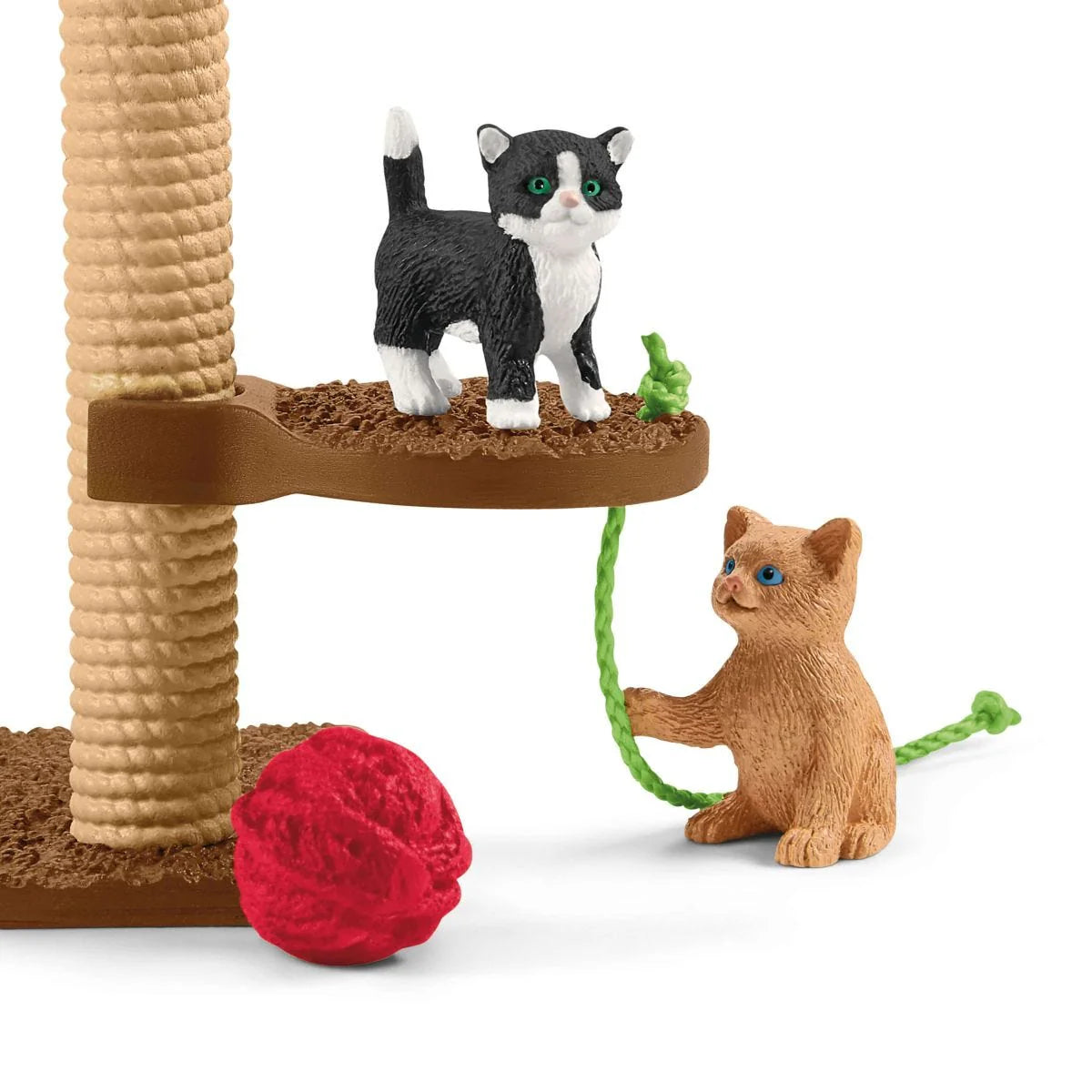 Playtime for Cute Cats with two kittens playing on a scratching post with a ball of wool and green string.