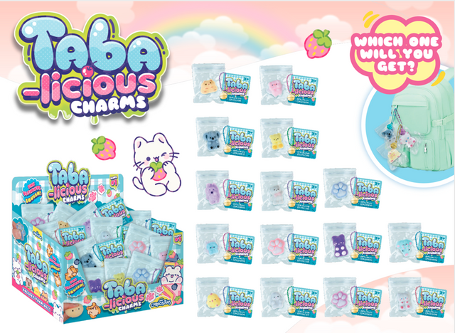 Taba-licious squishy charms in assorted mini styles displayed in packaging and attached to a backpack zipper pull