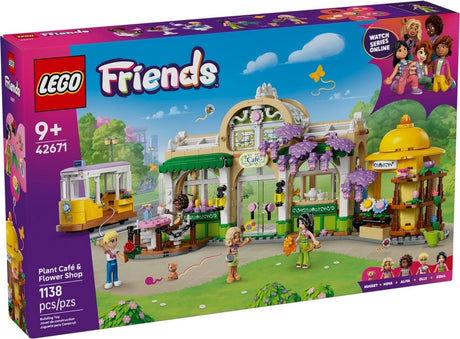 LEGO Friends Plant Café and Flower Shop set featuring detailed buildings with flowers, café, streetcar, and mini figures playing outdoors