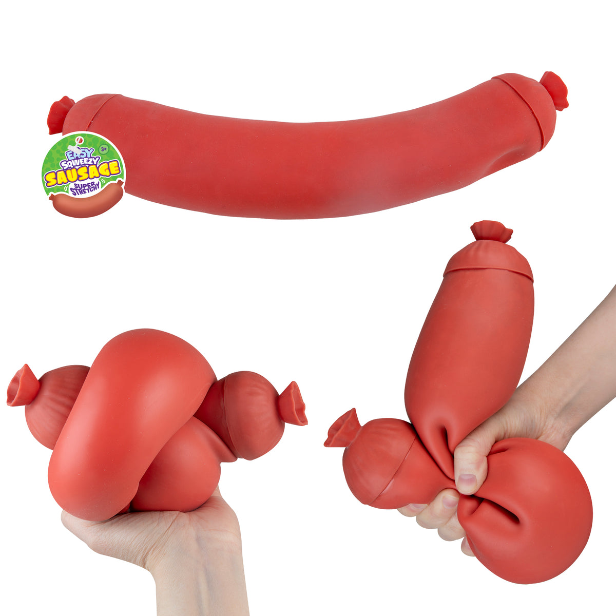 Easy Sqweezy Sausage red sausage shaped squishy toy shown whole and squeezed in hands