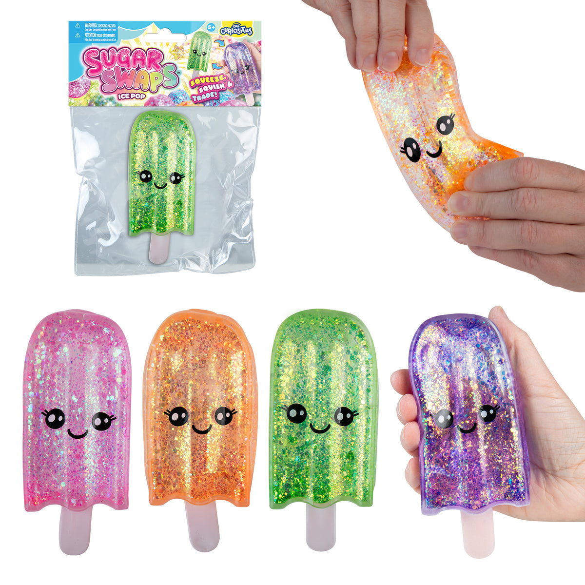 Sugar Swaps Ice Pop colorful glittery popsicle squishy toys shown in packaging and being stretched by hand