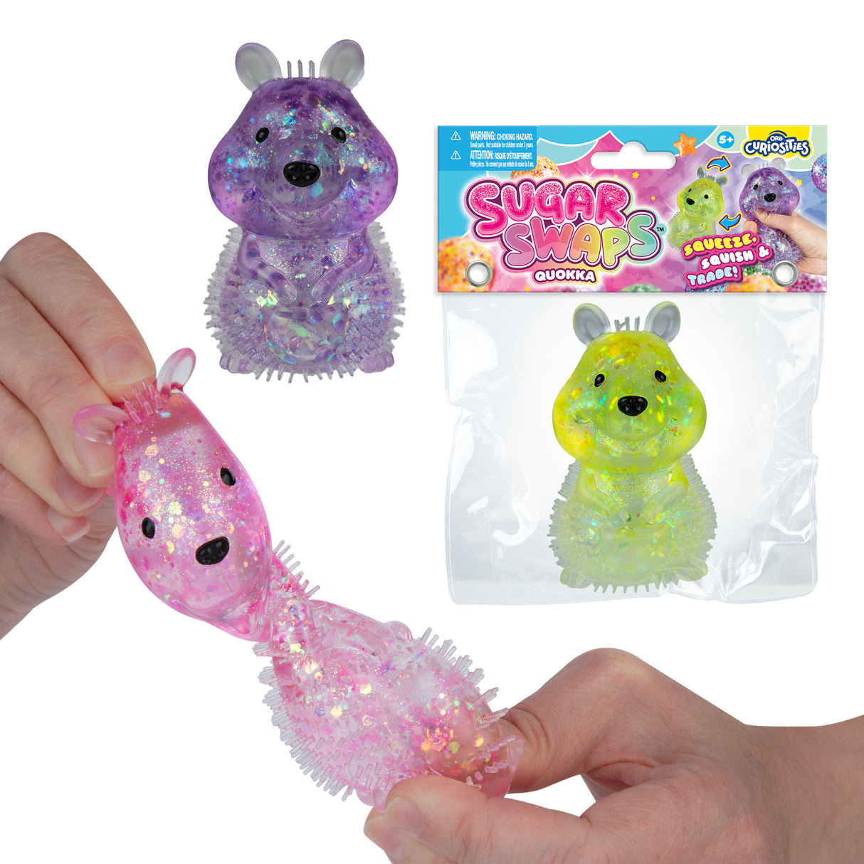 Sugar Swaps Quokka glittery color changing sensory toy shown in pink purple and green