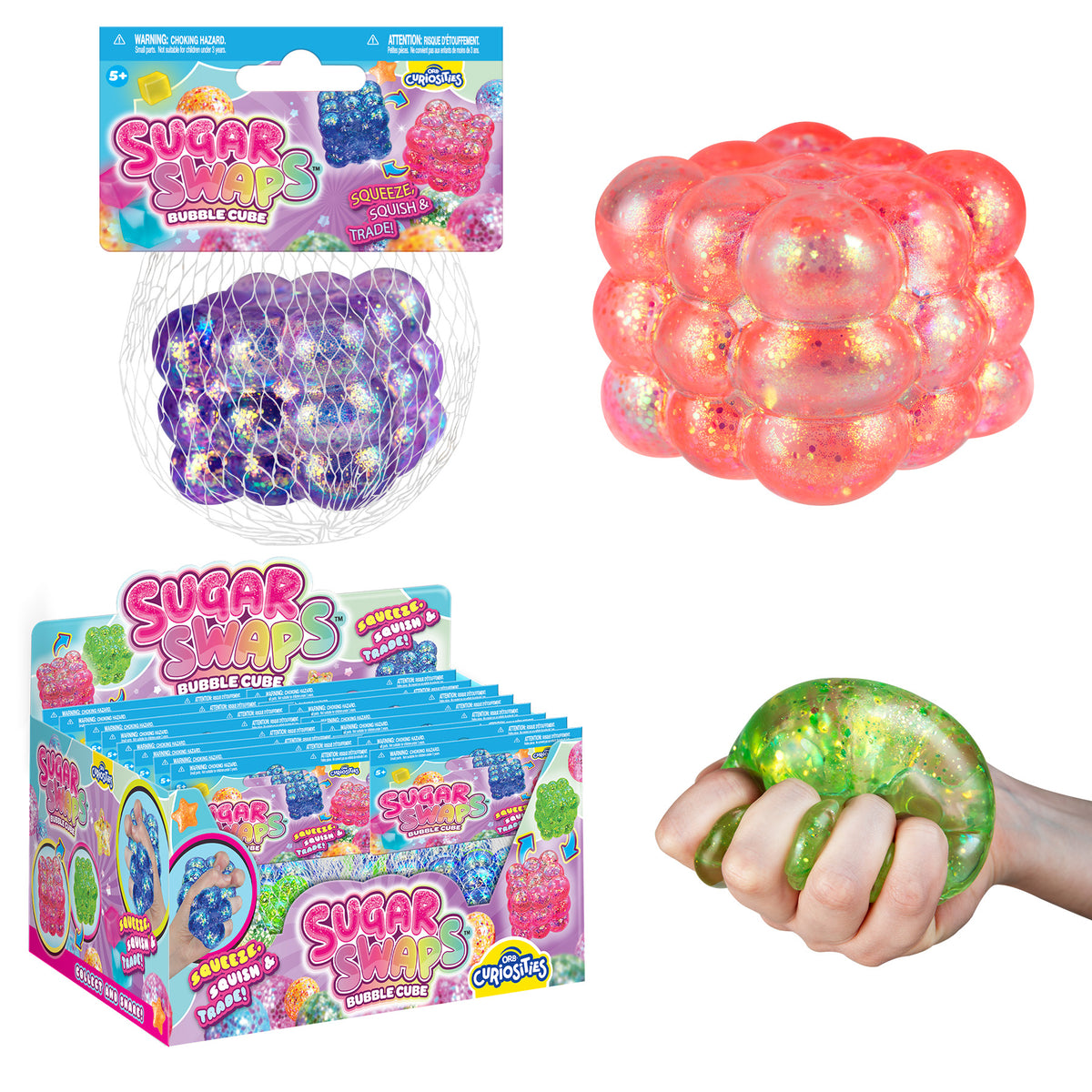 Sugar Swaps Bubble Cube colorful bubble-shaped squishy toys shown in packaging and held in a hand
