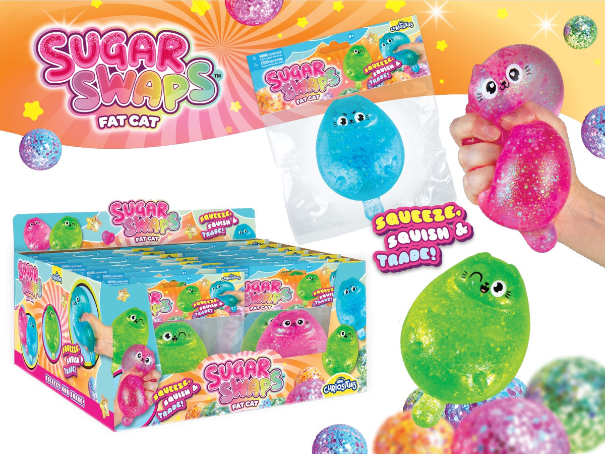 Sugar Swaps Fat Cat colorful cat-shaped squishy toys and display packaging