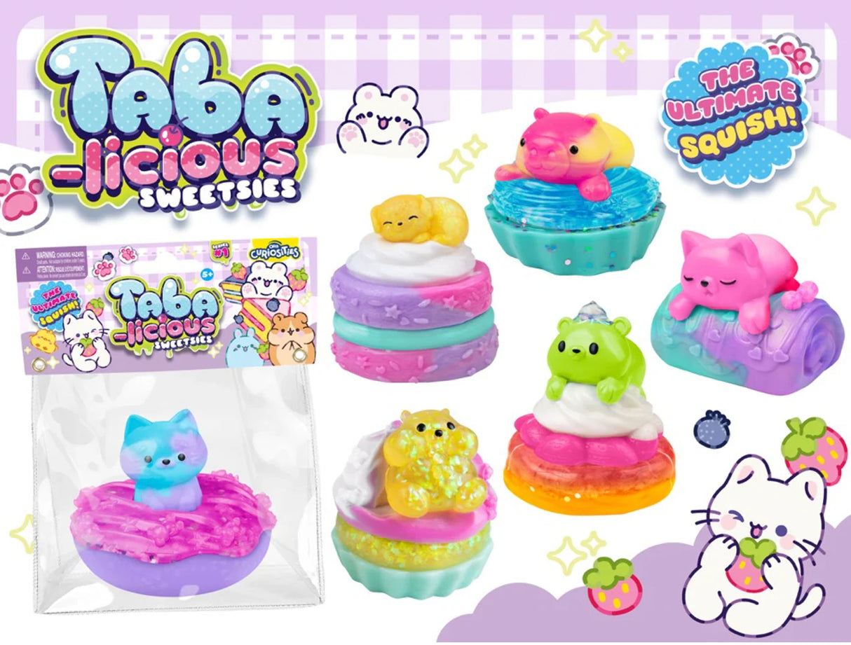 Taba-licious Sweetsies Squishy colorful collectible animals with frosting and sprinkles, cute dessert-themed squishy toy.