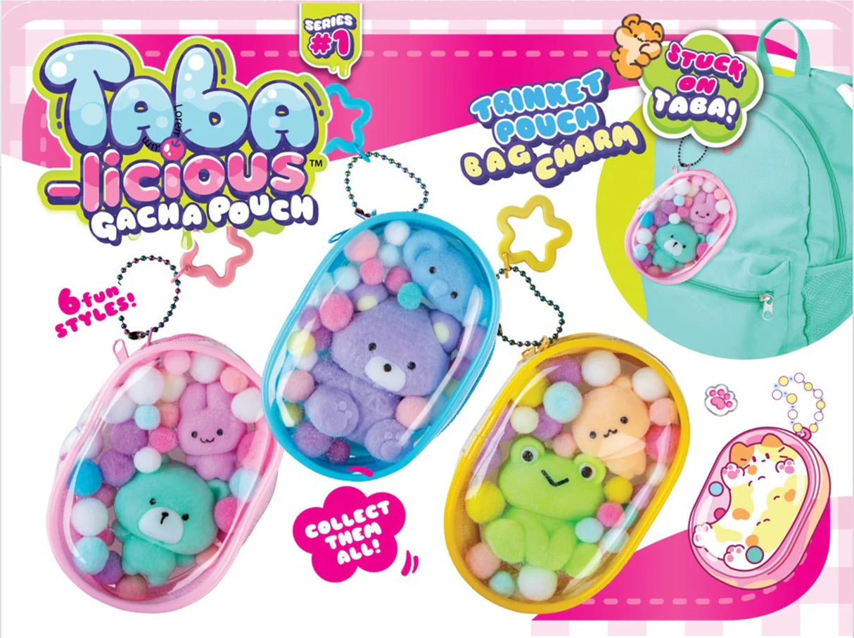 Clear zip-up pouch with plush animal mini pals and pastel pom-poms, perfect as a trinket pouch or bag charm.