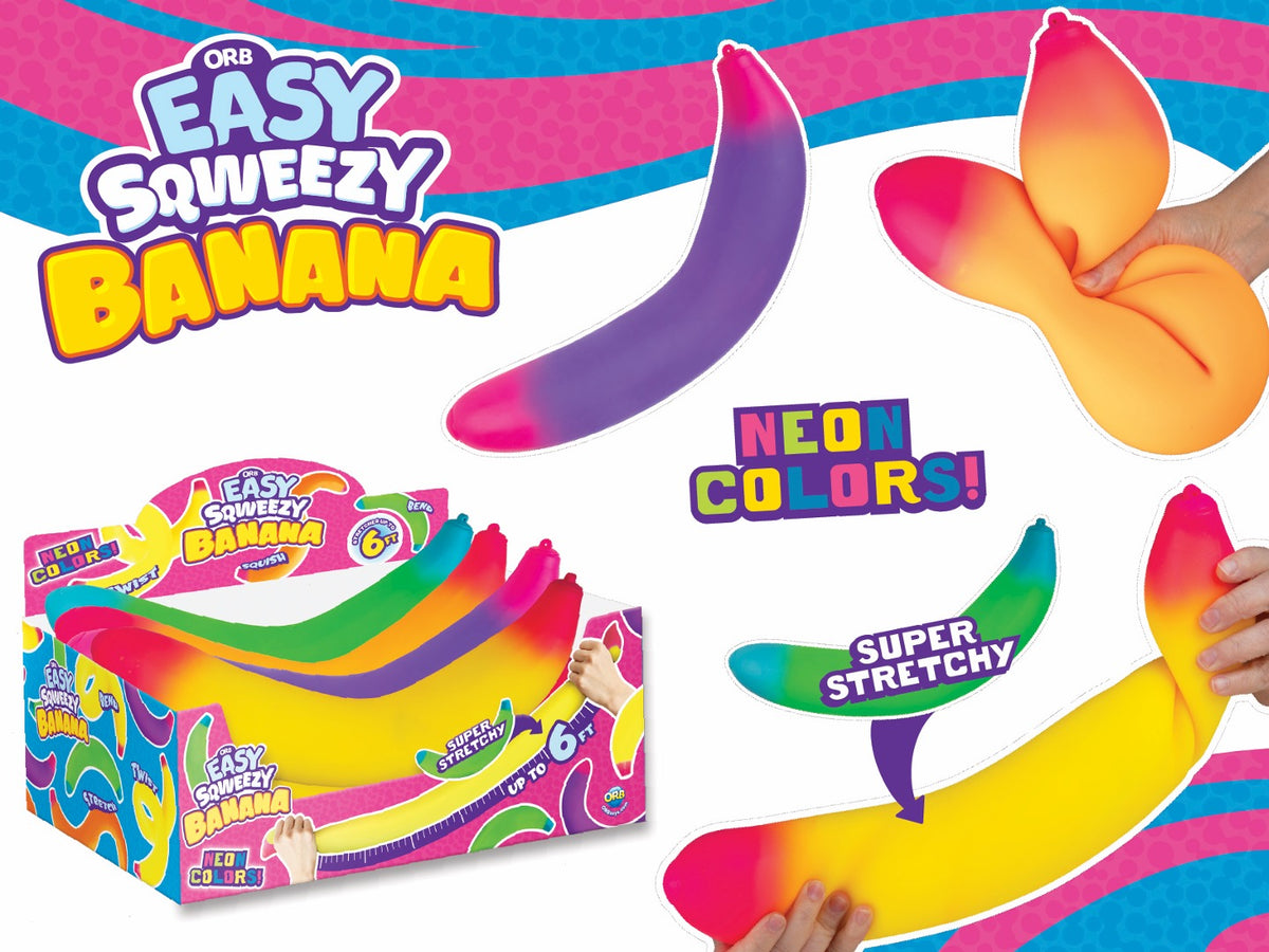 Easy Sqweezy Neon Jumbo Banana colorful stretchy toy with bright banana display and packaging