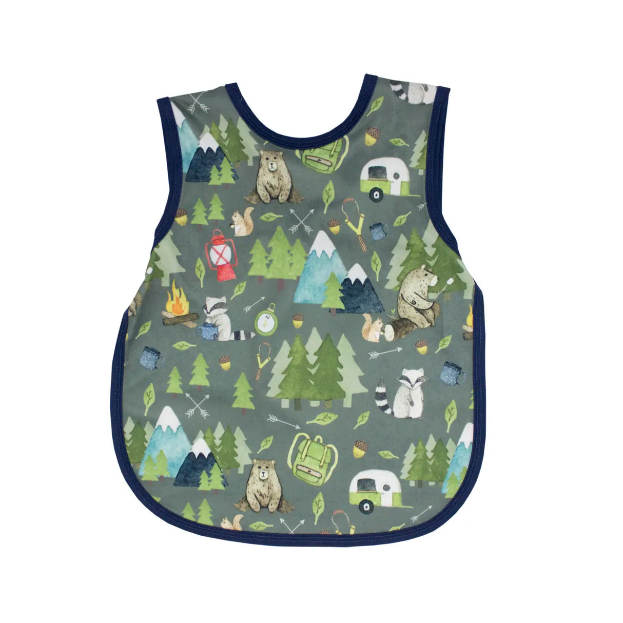 Bapron | Camping Bears 6M-3T toddler waterproof bib-apron with full coverage and playful camping animal print design.