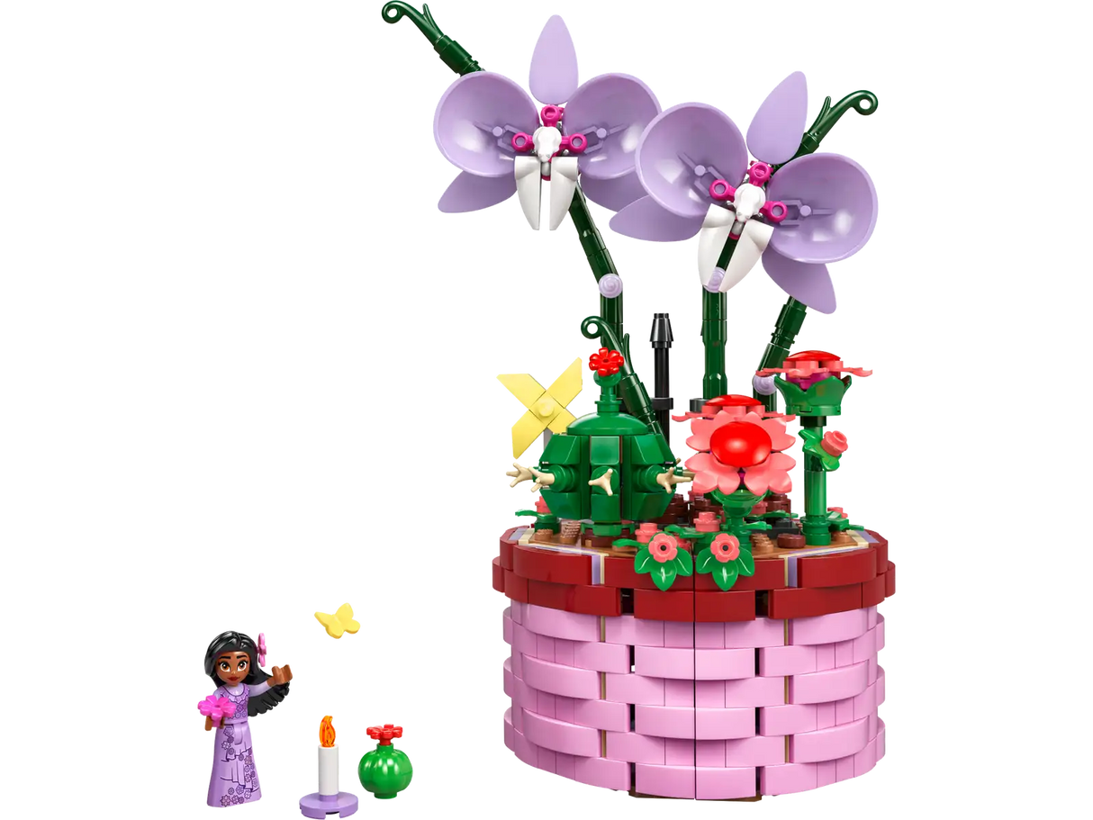 Disney Isabela's Flowerpot LEGO set featuring a pink flowerpot, orchid and cactus flowers, and Isabela mini-doll figure.