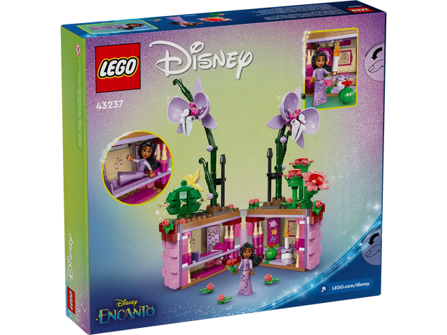 LEGO Disney Isabela's Flowerpot set with flowerpot, hidden room, Isabela mini-doll, and buildable orchid and cactus flowers.