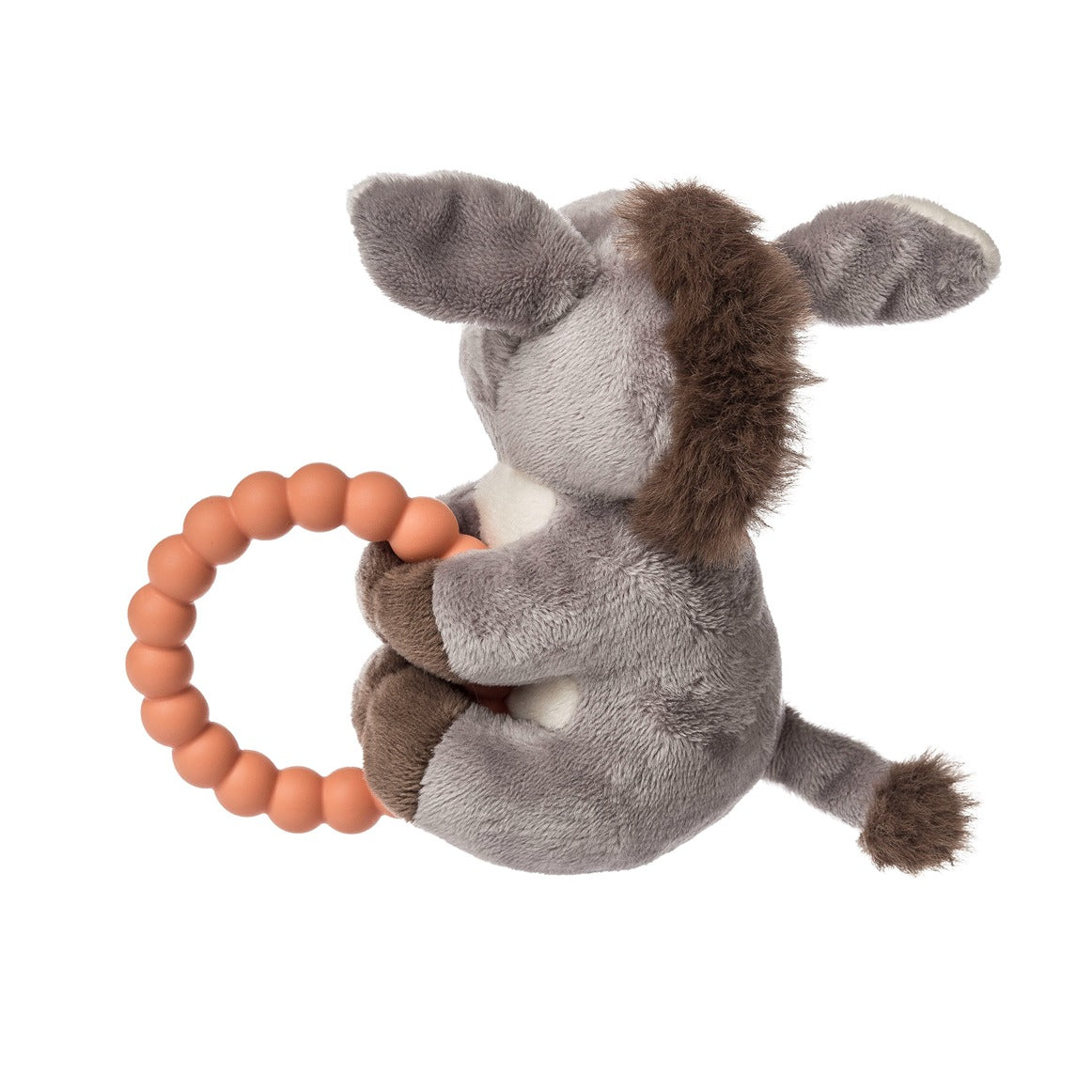 Dusty Donkey Teether Rattle in dove brown with soft plush, silicone teether, and rattle for sensory play and soothing.