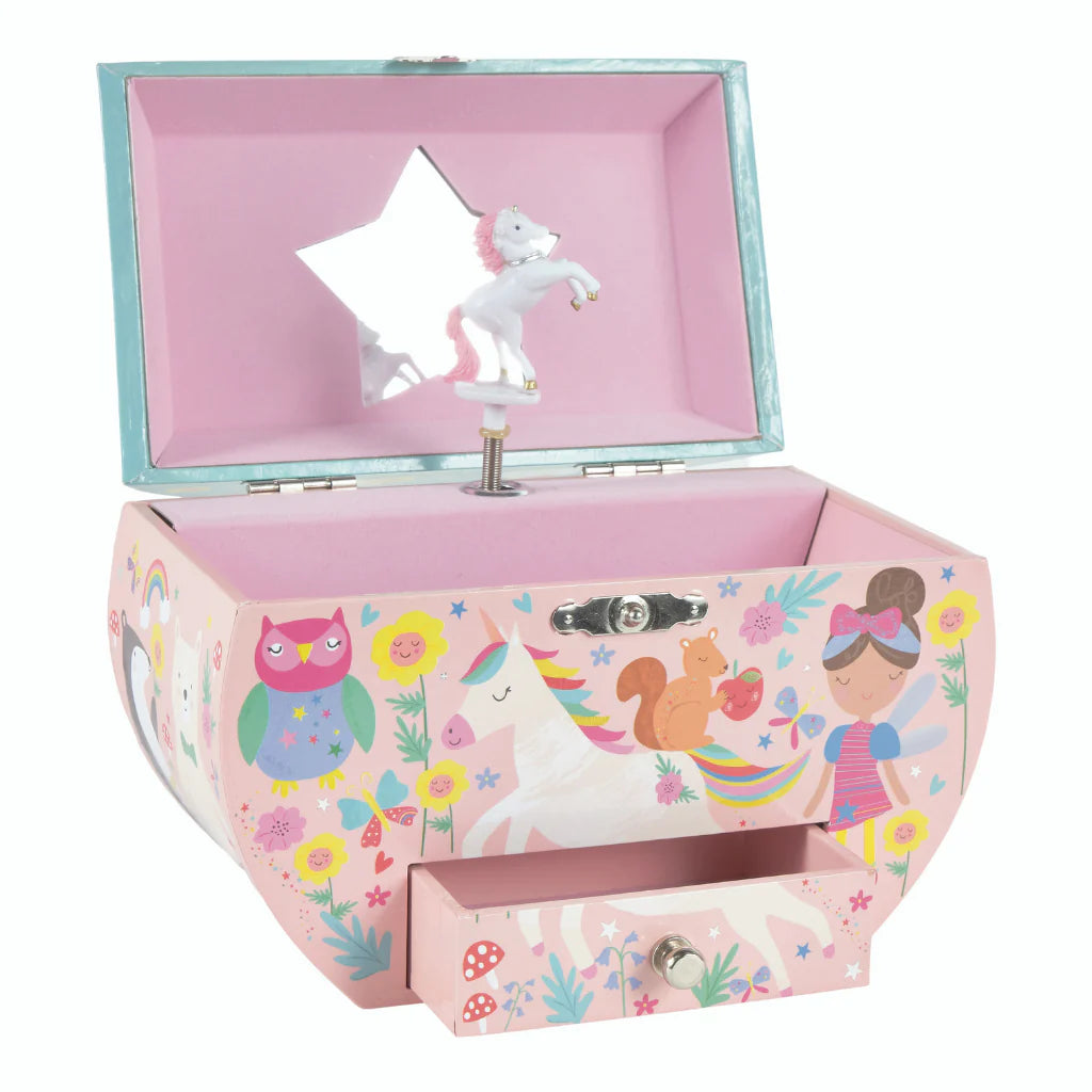 Rainbow Fairy Circular Jewellery Box with dancing unicorn, fairy illustrations, and a handy drawer for trinkets.