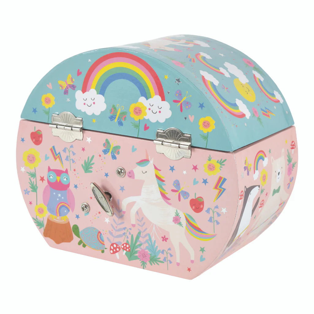 Rainbow Fairy Circular Jewellery Box decorated with fairies, unicorns, rainbows, and a music wind-up key.