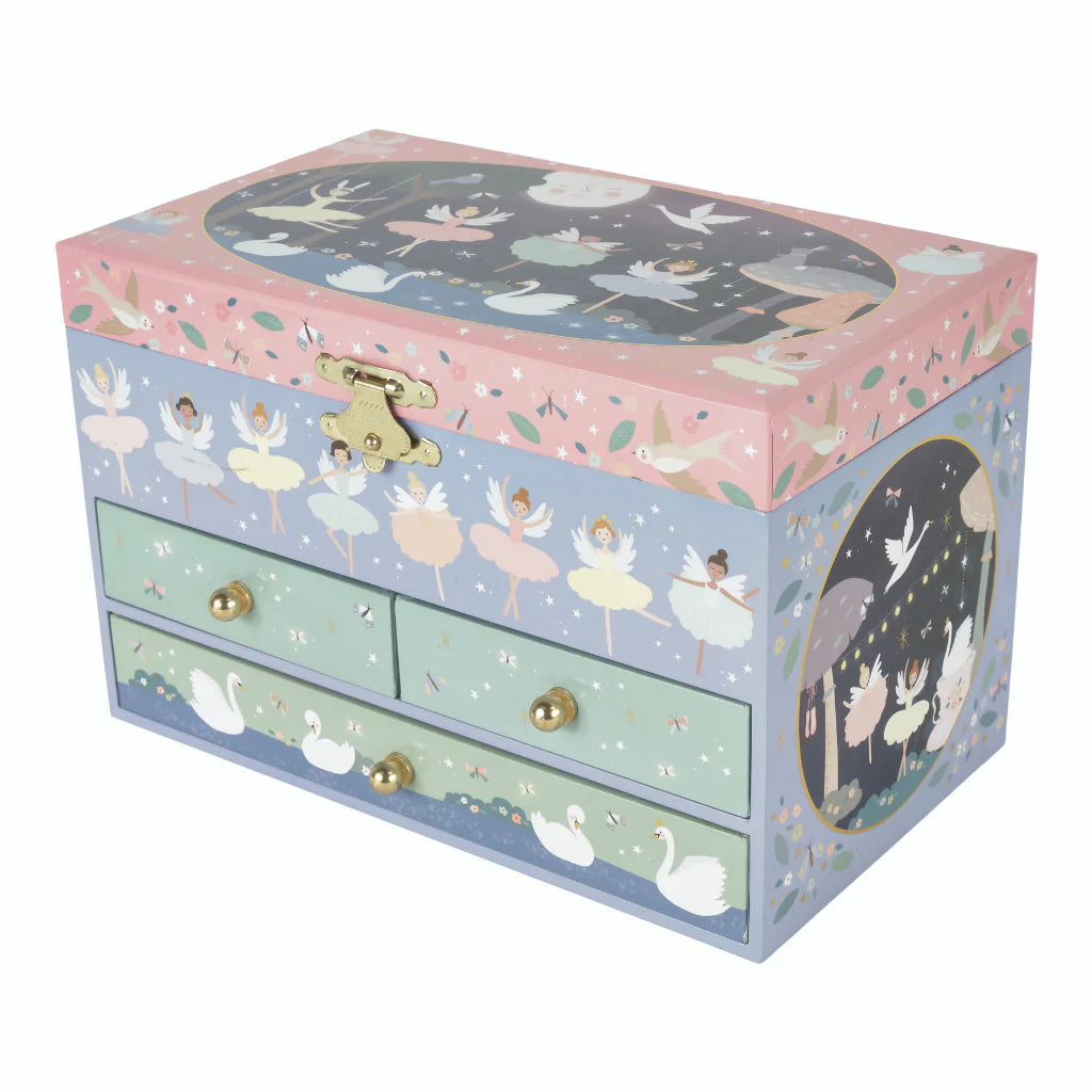 Jewelry Box | Enchanted with ballerina and swan illustrations, 3 drawers, and a dancing ballerina inside.