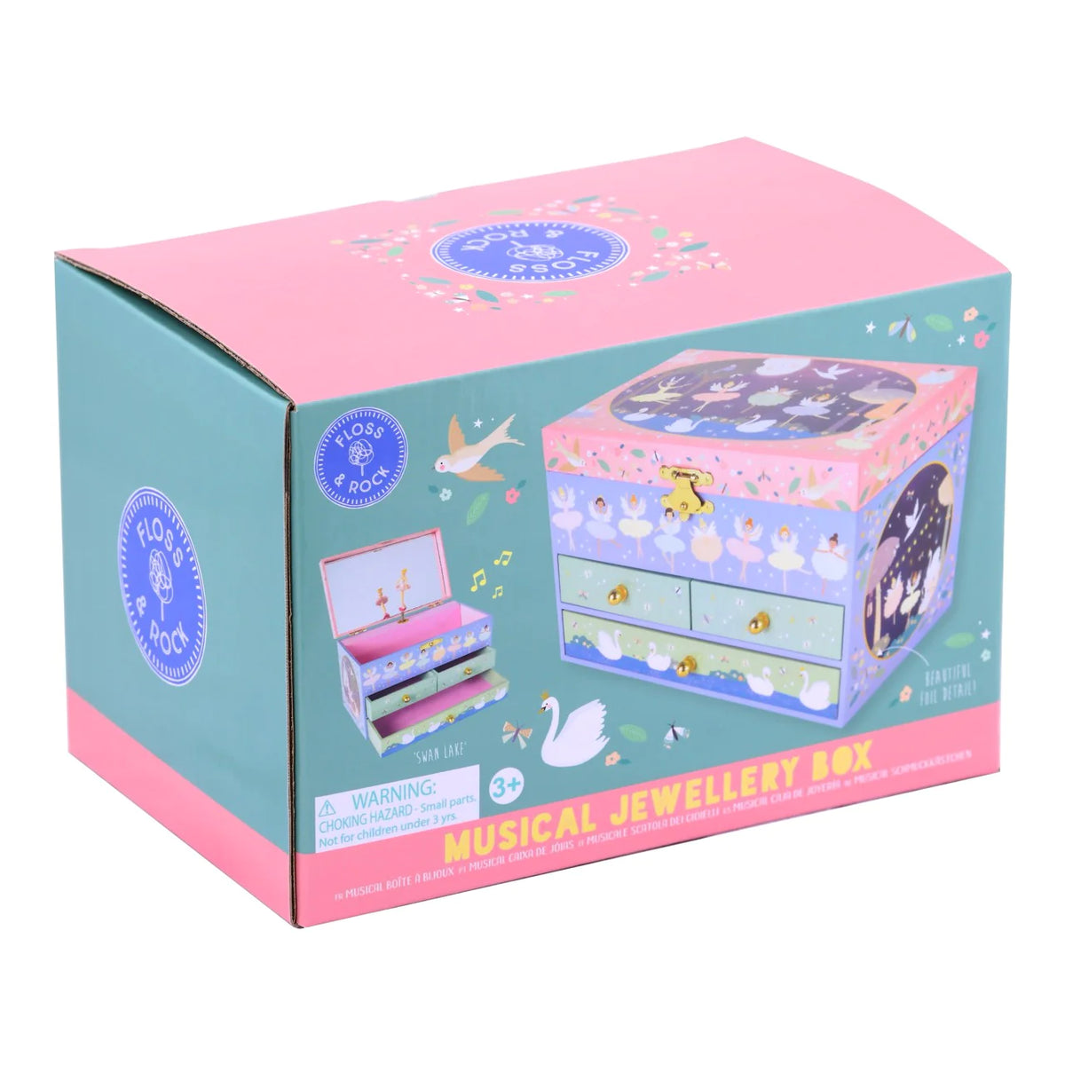 Jewelry Box | Enchanted featuring ballerinas and swans, with musical lid and three drawers for storing trinkets.