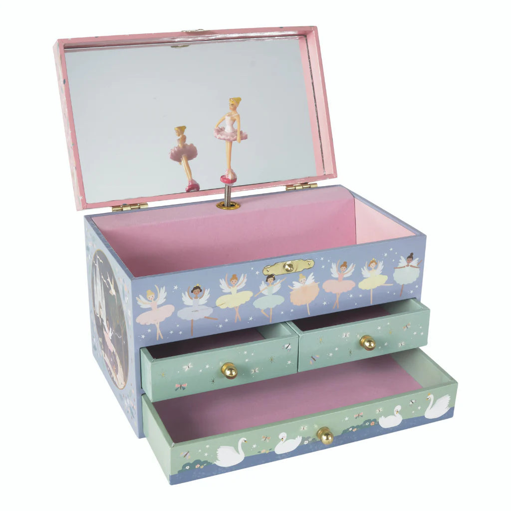Jewelry Box | Enchanted with ballerina figurine, swan illustrations, three drawers, and music playing when opened.