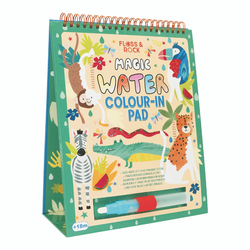 Magic Water Easel Pad | Jungle with spiral bound colorful jungle animal designs and reusable water pen included.