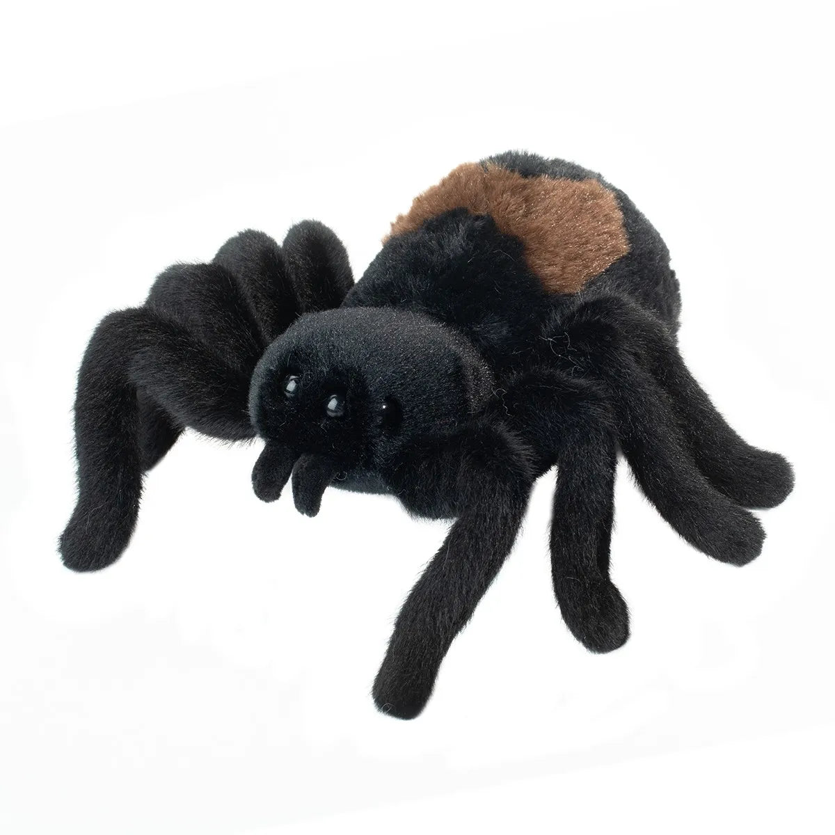 Spider Sneakie plush toy with soft black and brown fur, eight legs, shiny eyes, and realistic spider design.
